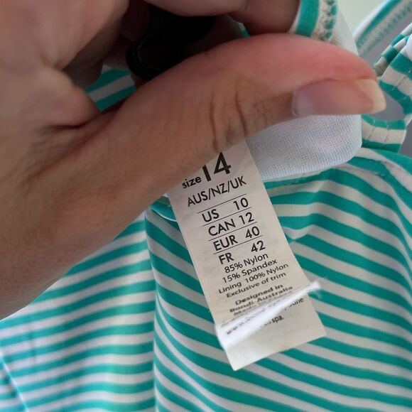 Bond eye Australia teal/white striped one piece bathing suit flattering 14 US - Picture 6 of 6